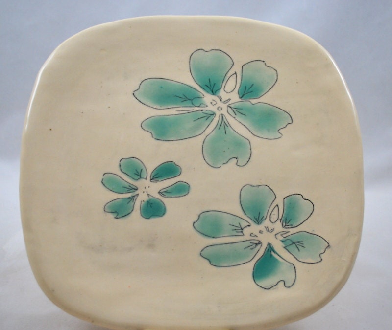 Square Ceramic Plate with Hand Painted Aqua Green Flowers Stoneware Clay Pottery Free Shipping Gift for Her