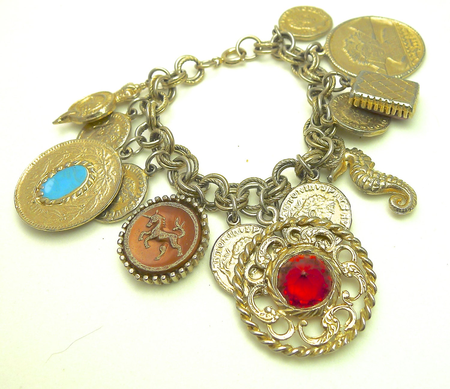 Vintage 50s Chunky Charm Bracelet with Cabochons and Rhinestones