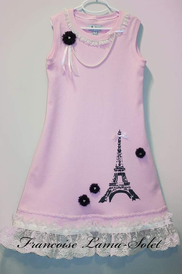 Paris Eiffel Tower Vintage Girls tank pink knit dress Custom size 3T to 12 yrs
