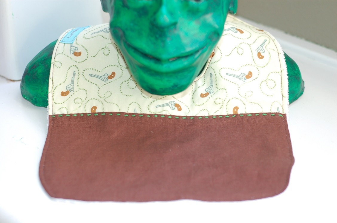 Pistol Baby Bib - handmade, boy, girl, linen, infant, snap, brown, green, gun