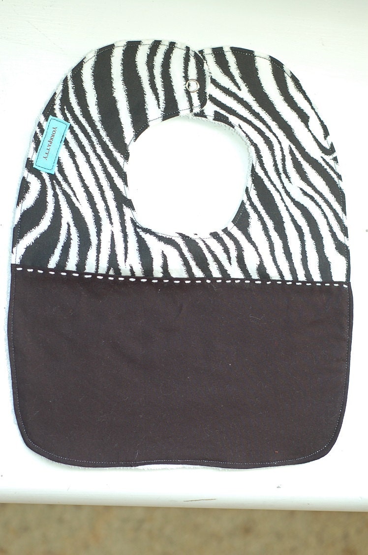 Zebra Snap Bib - handmade, black, white, boy, girl, animal print, hand stitched, baby, infant, feeding