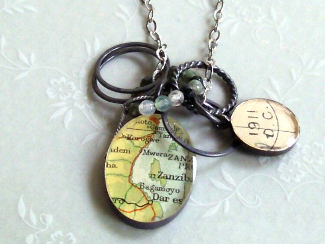 Vintage Map  Post  Card  and Moss Agate Sterling Silver Necklace  Traveling Love Letters 2ab