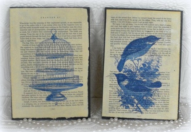 Upcycled Ephemera Bird Inspired Vintage Book Page Plaques Signs - Shabby Cottage Chic Decor