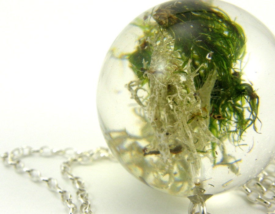 Green Moss Mix Pendant, Large Resin Round with Sterling Silver Chain