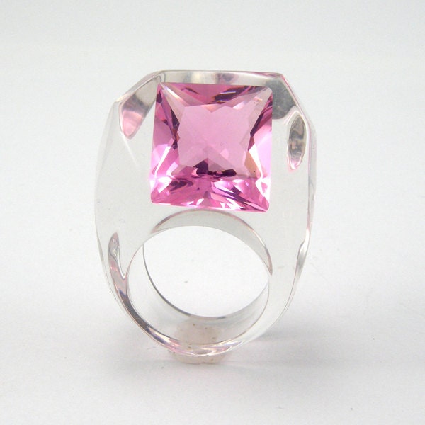 Pink Cubic Zirconia Ring, Clear Resin Ring with a Large Square Shaped Rose Zirconia