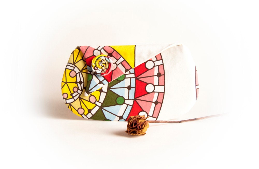 Envelope Foldover Clutch Bridesmaid Gift Idea Clutch Fall Wedding bridal Clutch, purse, bag, ivory colorful geometric flower  by Lolos