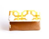 Foldover envelope Clutch Leather iPad case Bridesmaid Gift Idea Fold over clutch White yellow orange brown geometric by Lolos