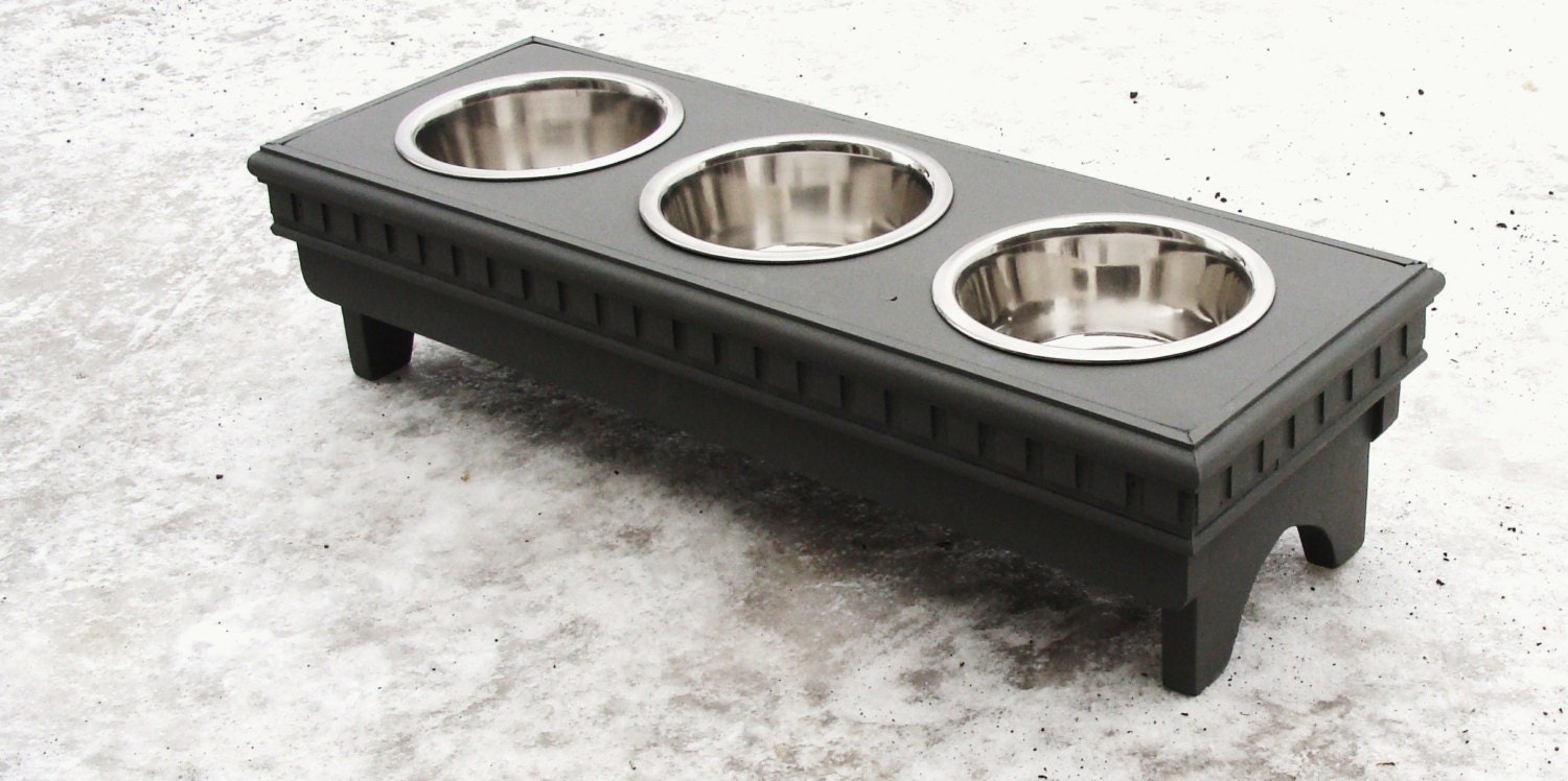 3 Bowl Holder Elevated Dog Feeder Pets Feeding Dish Cat Bowl Customized Cottage Modern Beach Pet Furniture Charcoal Grey