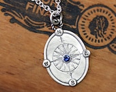 Sapphire compass necklace - blue sapphire - sterling silver - graduation gift - compass rose - oxidized - custom - engraved - Find your way