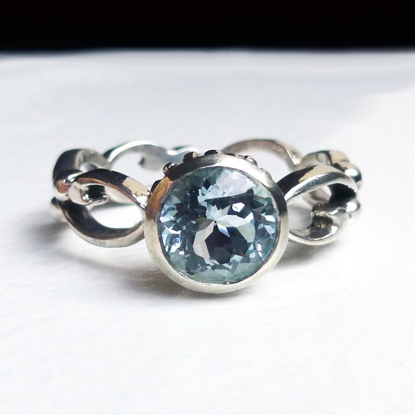 Blue aquamarine ring - bezel solitaire - March birthstone - filigree ring - swirl band - artisan metalsmith - made to order - Wrought