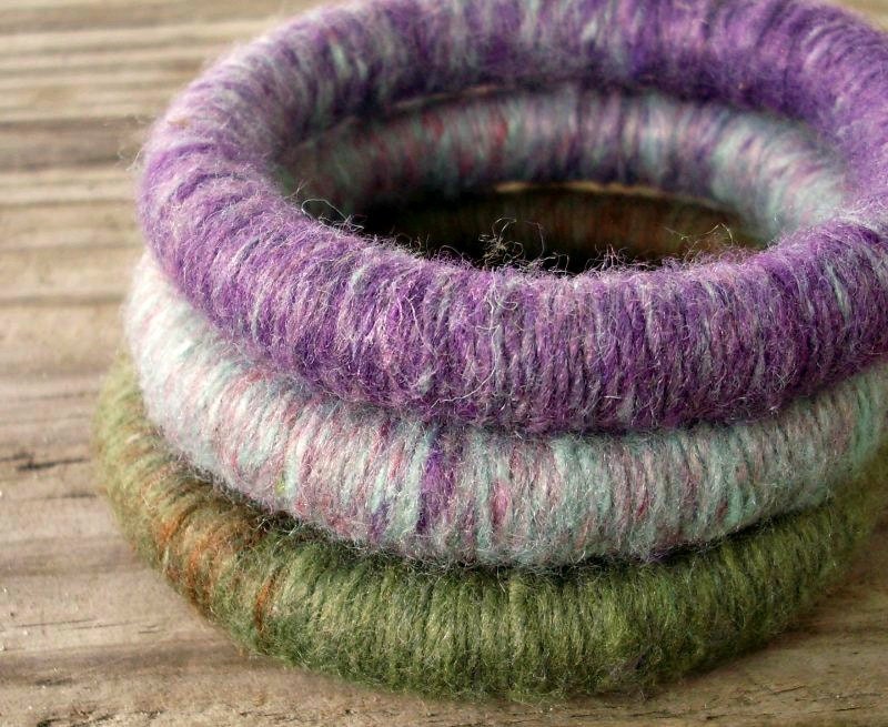 Bangle Bracelets - Yarn Bracelets - Yarn Wrapped Soft Fibre Bracelets in Witch Hunter Purple Grey Moss - Womens Accessories - READY TO SHIP