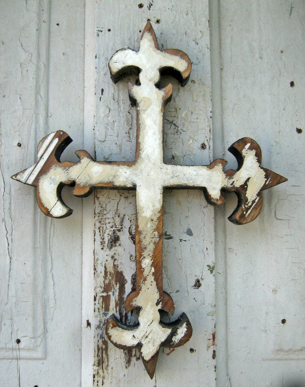White Fleur de Lis Cross Reclaimed Wood Art