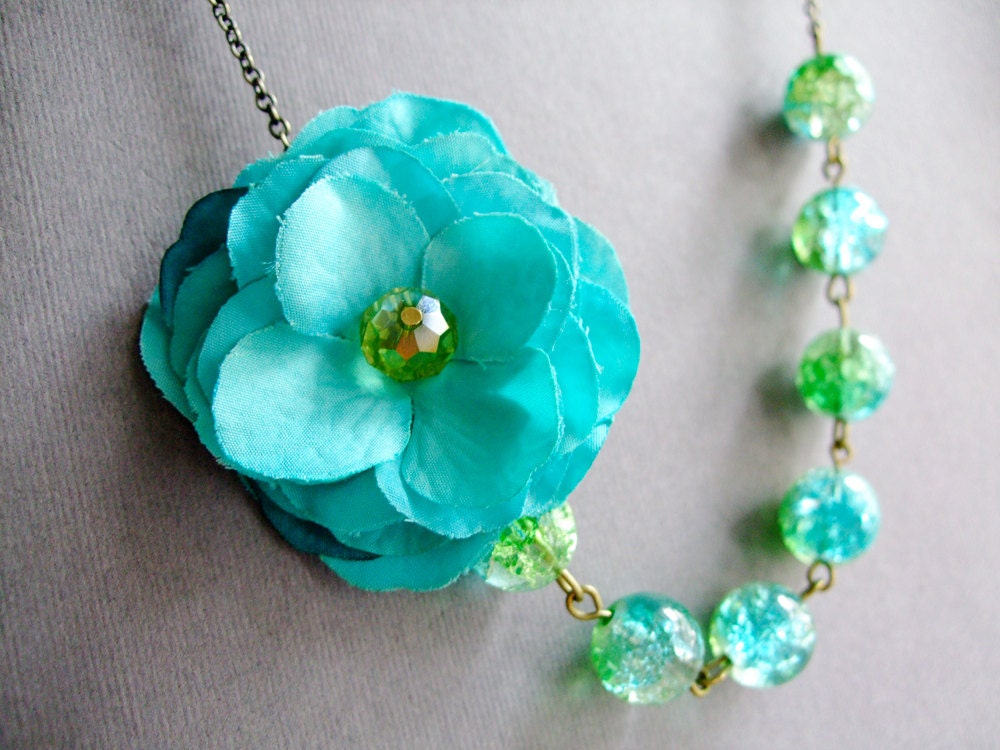 Fabric Flower Necklace,Aqua Jewelry,Bridesmaid Necklace,Green Jewelry,Spring Necklace (Free matching earrings)