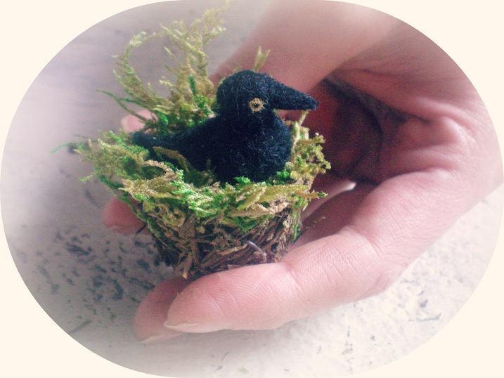 Mini Felted Crow In Nest