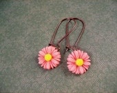 Flower Earrings, Pastel Pink Daisy Cabochon and Copper Dangle Earrings, FREE Shipping U.S.