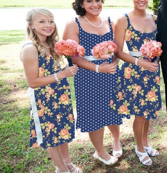 3 Custom Mixed and Matched Floral Print Wedding Bridesmaids "Party" Dresses with Sweetheart Neckline and Straps and a SKINNY TIE
