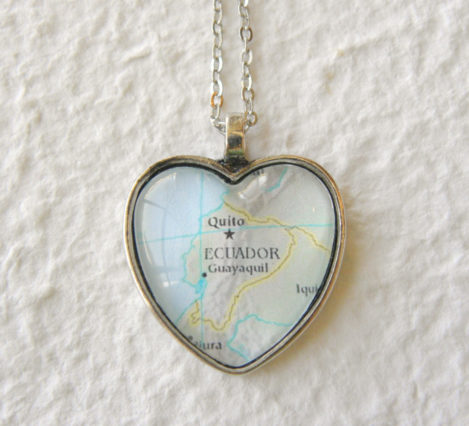 World Traveler Heart Shaped Map Necklace - Ecuador featuring Quito
