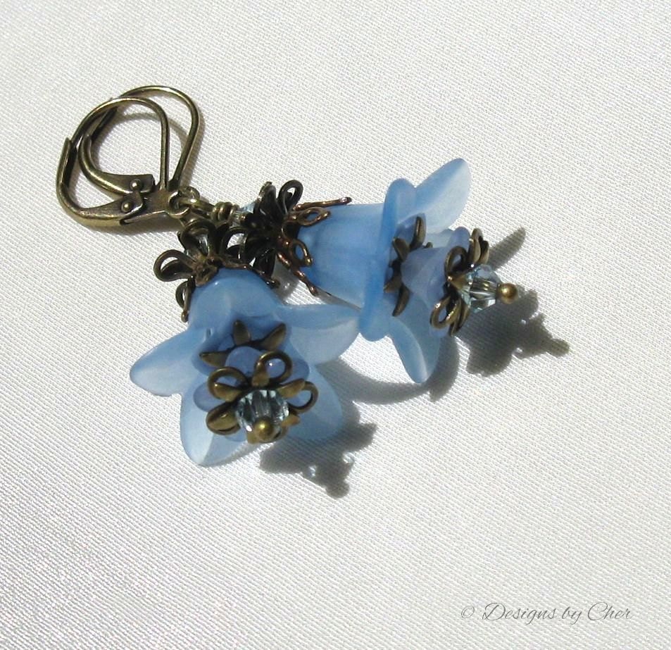 Soft Blue Lucite Flower Earrings, Antique Brass Leverbacks, Swarovski Crystals... Vintage Inspired Flower Jewelry