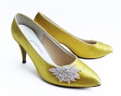Sassy Canary Yellow Vegan Heels With White Pearl and Sequin Burst- Vintage 1980s- Size US 7.5 UK 5 EU 38.5