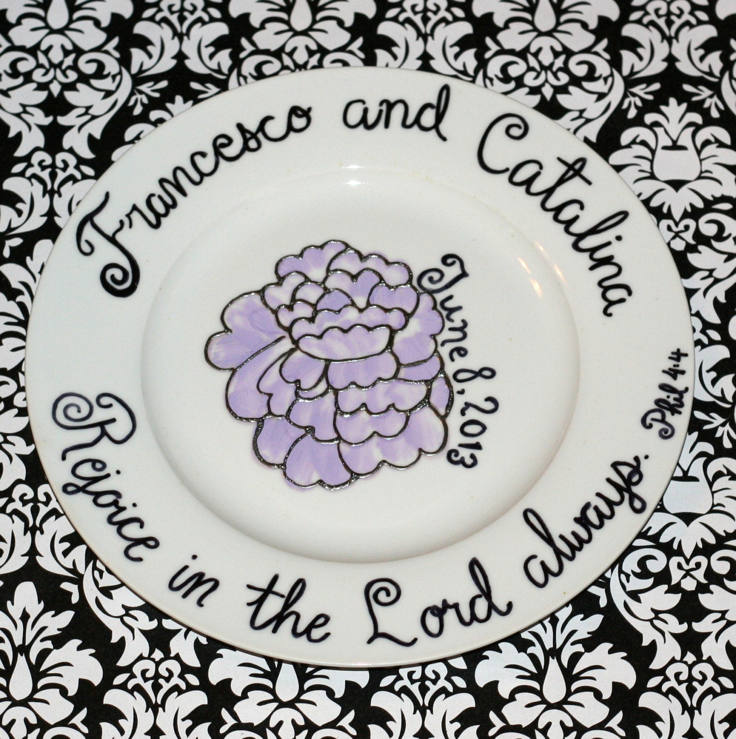 Custom Wedding Date, Flower, and Scripture Verse or Quote Plate Hand Painted Porcelain 10.5 inch dinner plate