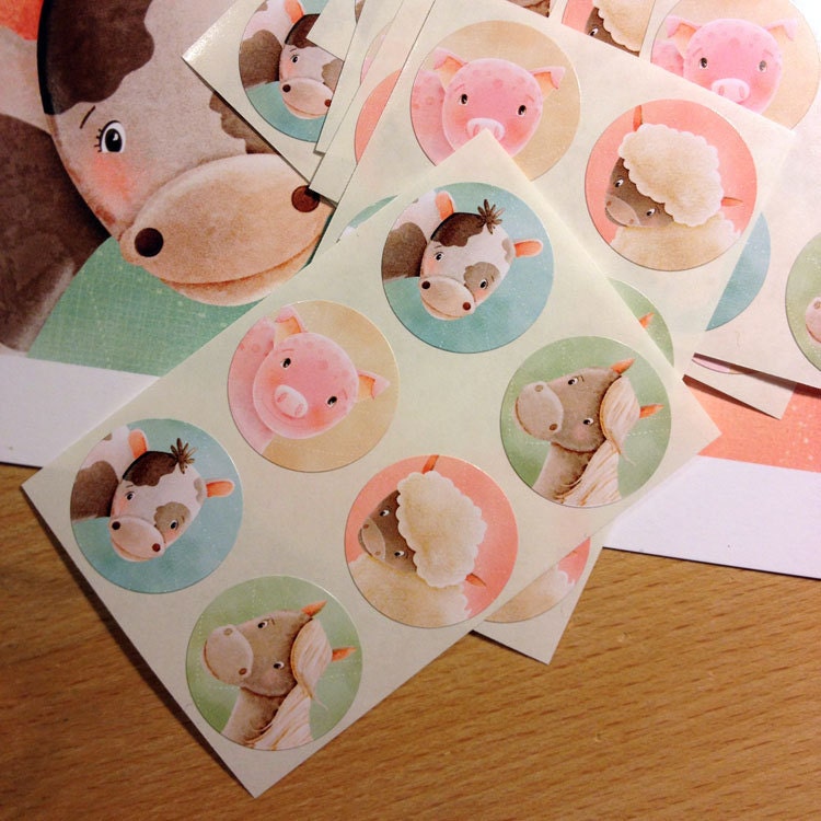 Farm Animals Sticker Set of 54 Round 1-inch stickers - cow, pig, horse, sheep, baa, moo, oink, neigh
