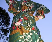 Cotton Kimono Robe Forest Green Gold Floral Vintage Japanese Fabric Lingerie Adult M L XL