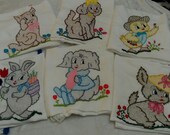 Handmade hand embroidered baby blanket vintage style cartoon kitty cat with pink crochet trim