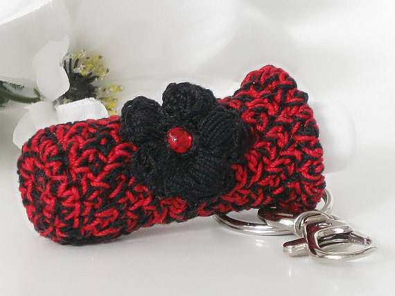 Lip Balm Holder Key Chain, Thick Plush Key Holder, Red & Black Key Chain with Crochet Black Puff Flower