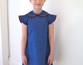 Modern Girls Dress, Indigo Blue Dress with Peter Pan Collar Piped with Red-  Girls Dress size 5/6 - Children's Clothing