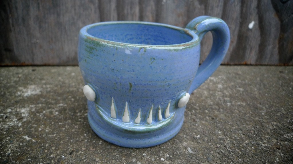 hand thrown, ceramic, goblin mug in Tempered Blue