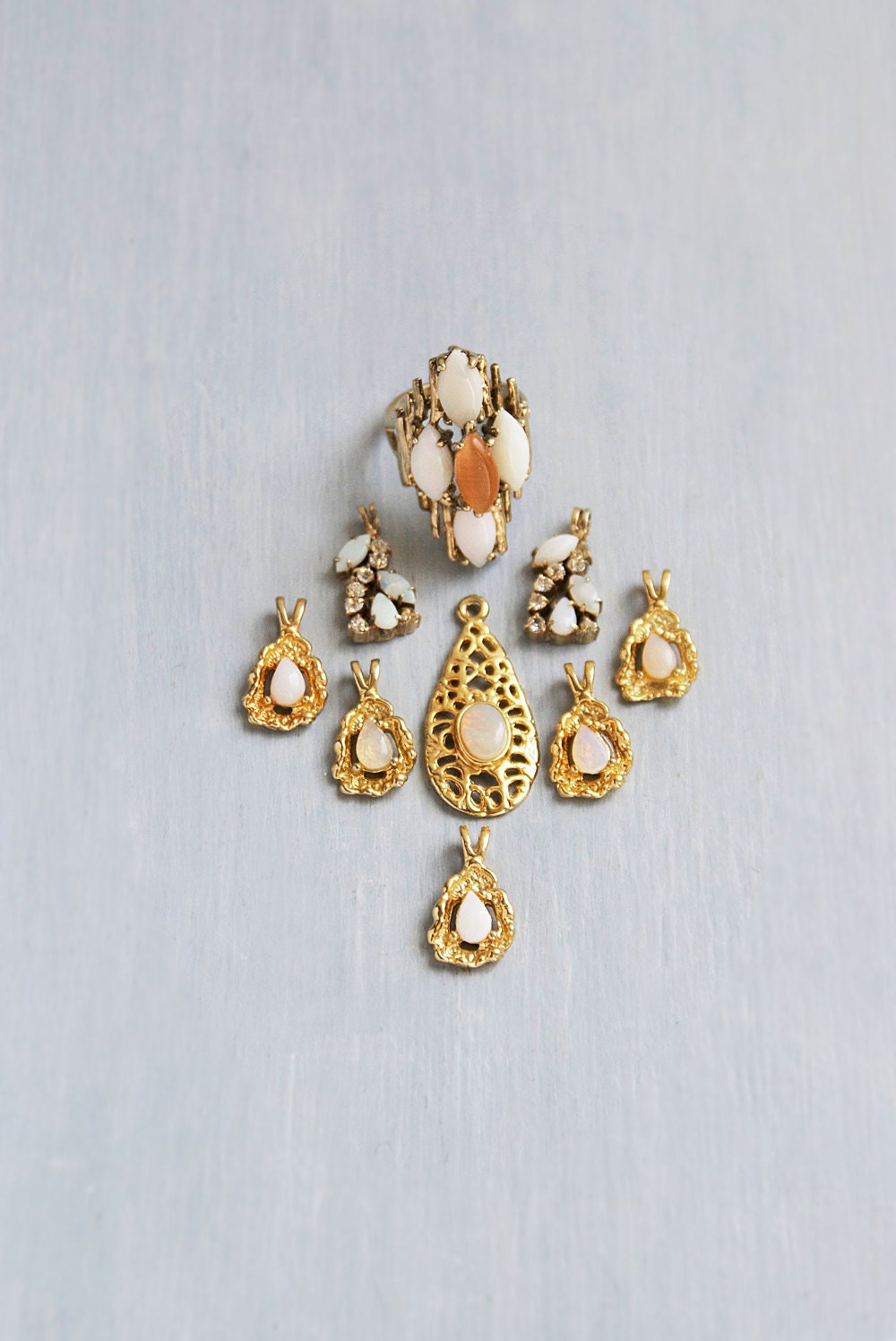 9 Vintage Opal Pendants and Cocktail Ring - gold plated