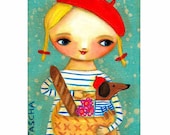 Dachshund in PARIS sweet wiener dog and girl folk art PRINT from painting by tascha