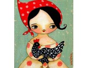 Babushka girl with black speckled CHICKEN sweet PRINT from folk art painting by tascha