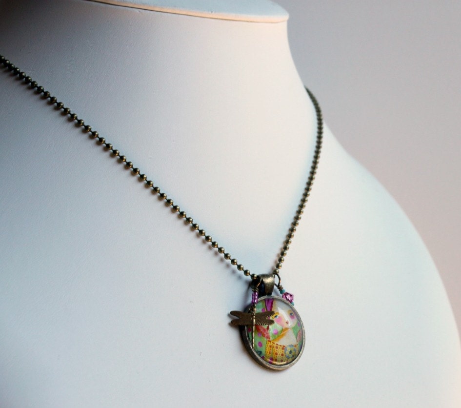HANDMADE Necklace Pink Hair FAIRY painting pendent with dragonfly and crystal charm artwork by tascha