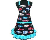 Classic Cars Retro Kitchen Apron ,  Hostess Style with Ruffle,  Black with light Blue Ruffle