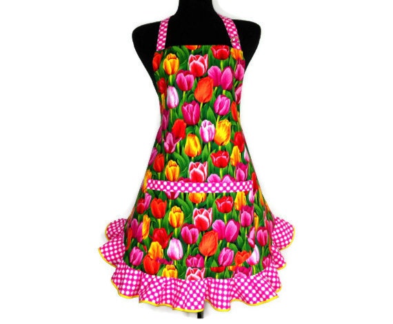 Spring Tulips, Womens Retro Kitchen Apron , Adjustable with Ruffle and Pocket, Floral Kitchen Decor , Flowers
