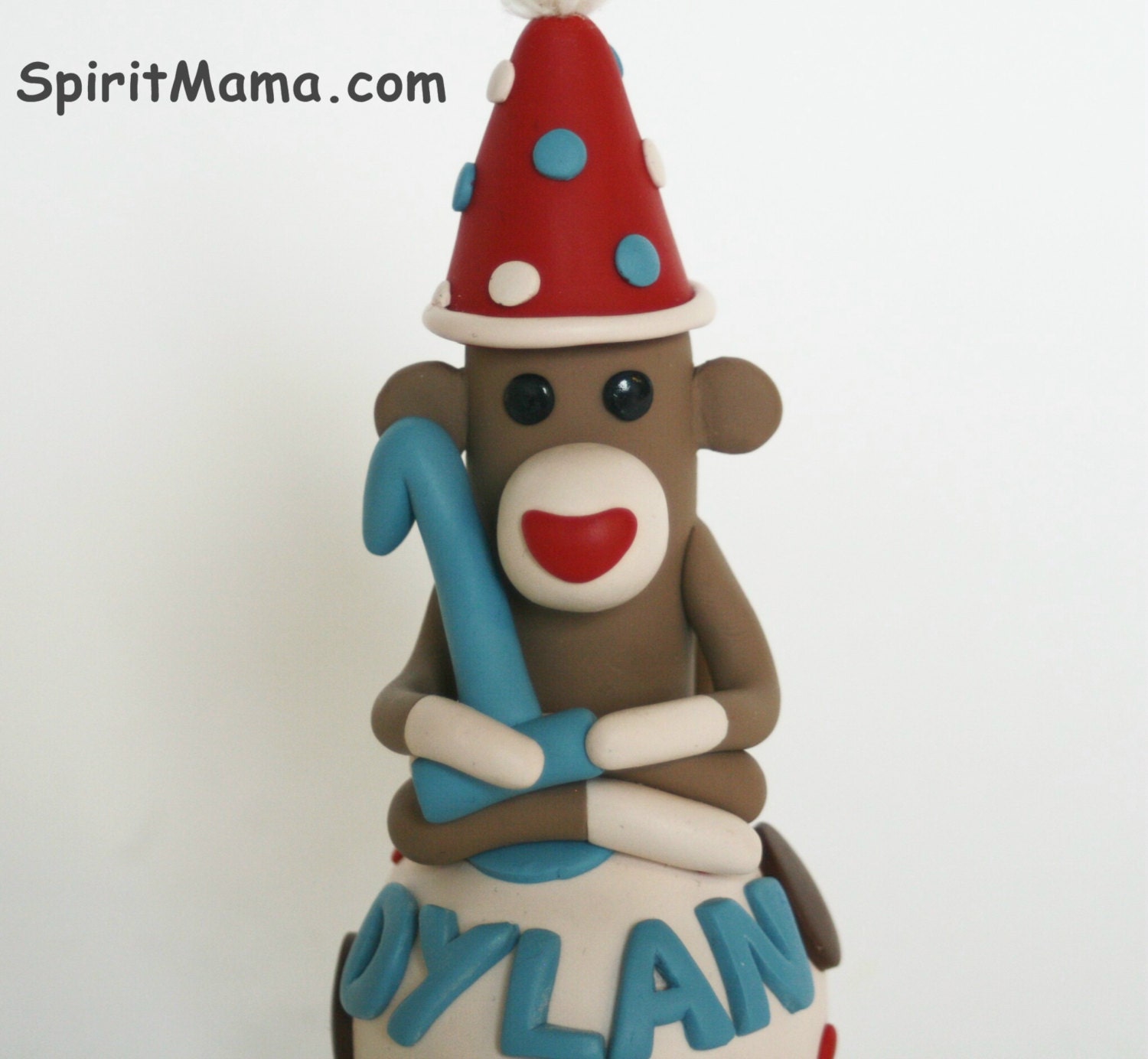 Smash Cake Sock Monkey Birthday Cake Topper w Number 4 inches Tall Boy or Girl w NAME & Number