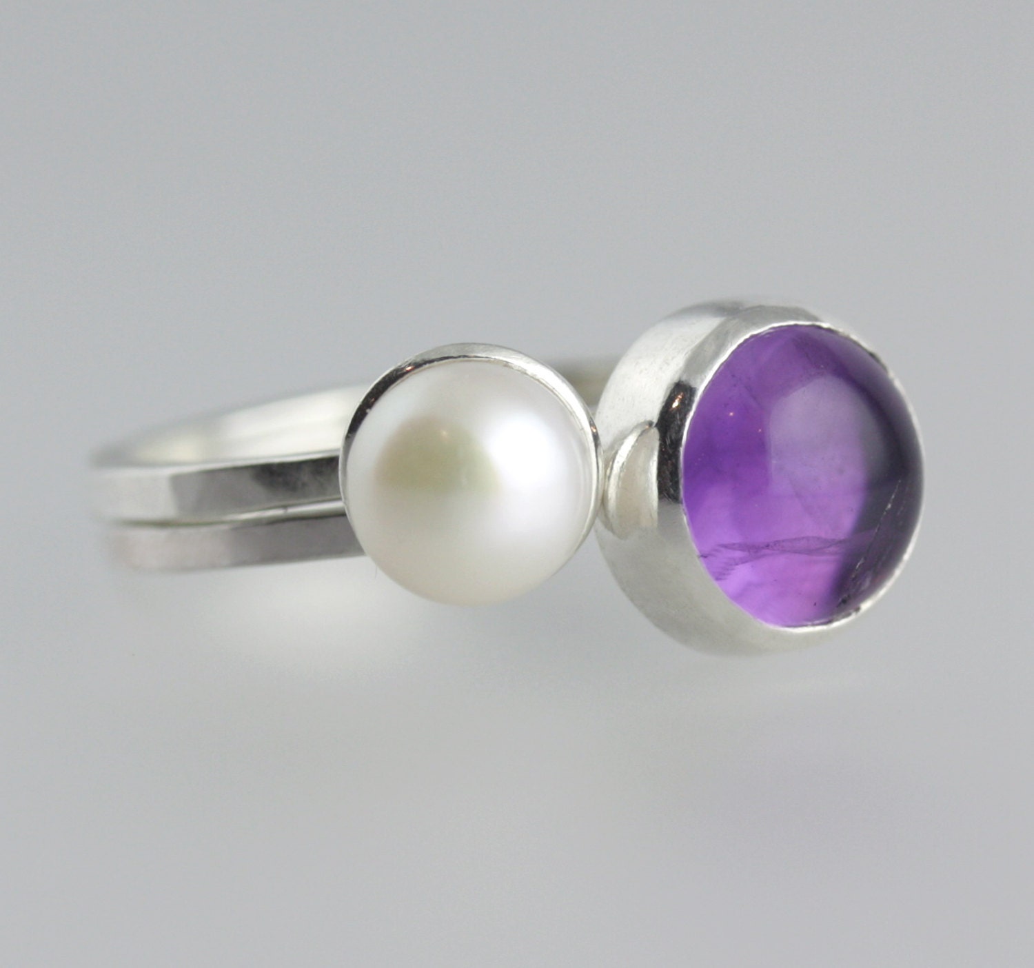 ON SALE - 50% OFF - Amethyst Pearl Stacking Set - Stack Rings - Hammered Silver - White Pearl - February Birthstone - Ready to Ship