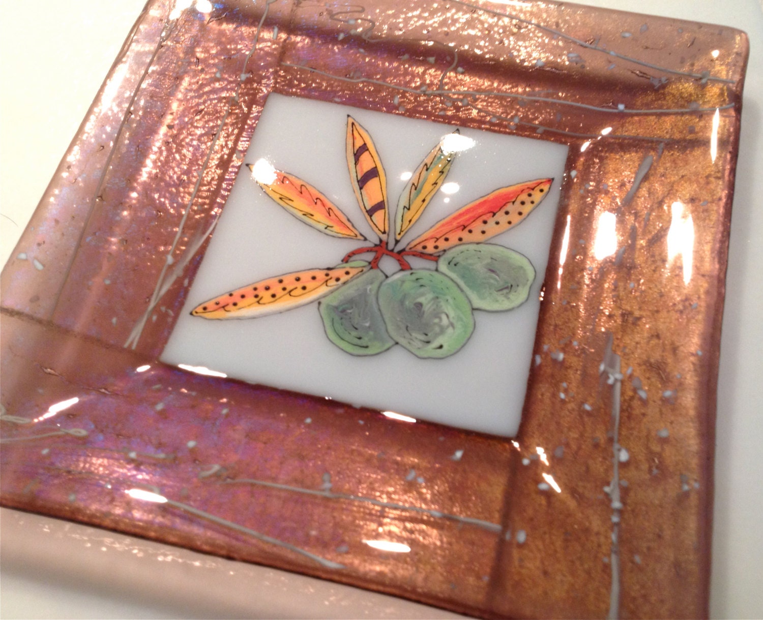 Fused Glass Dish: Mauve Plate with Olives