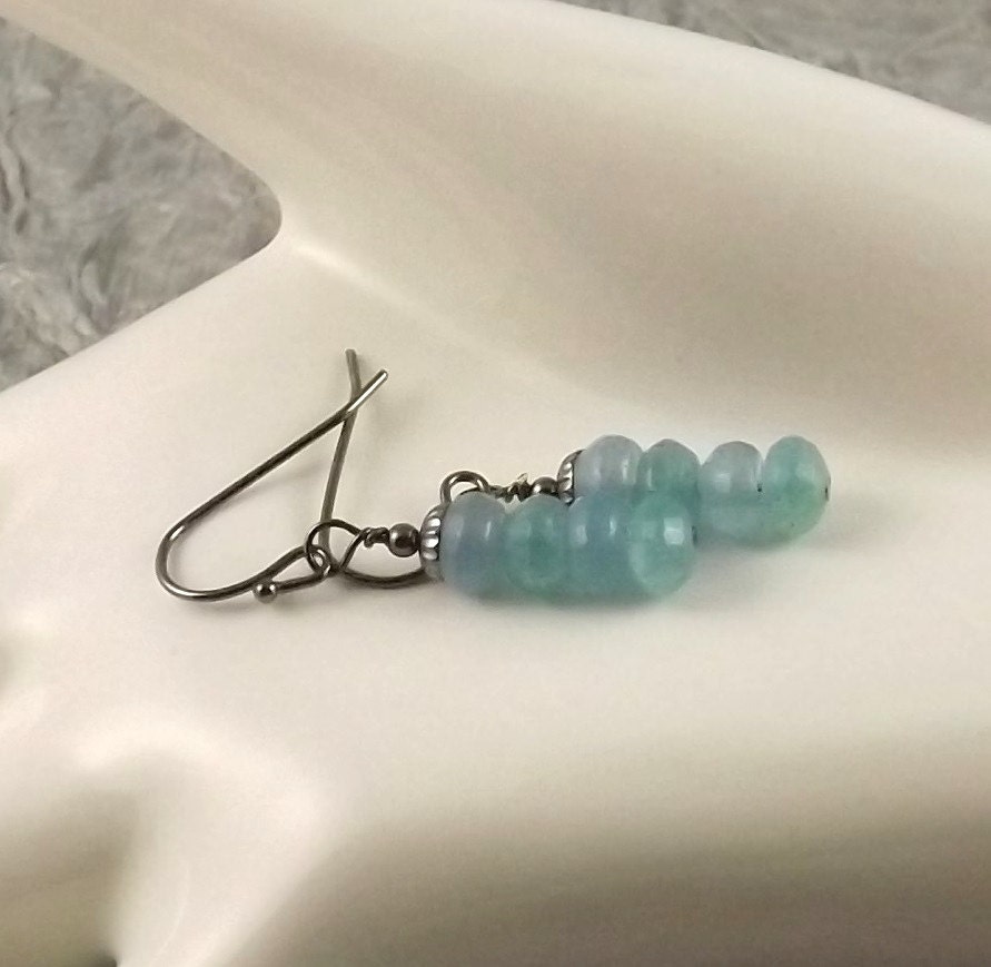Blue Green Angelite gunmetal french hook stacked gemstone rondelle earrings