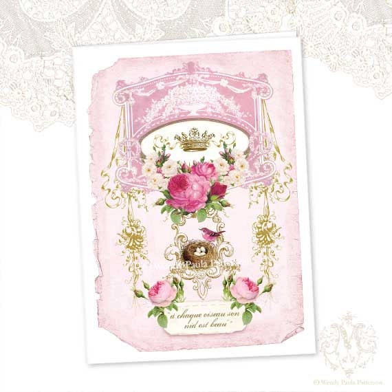 Birds nest with eggs, greeting card, Shabby Chic, French, pink roses, gold crown