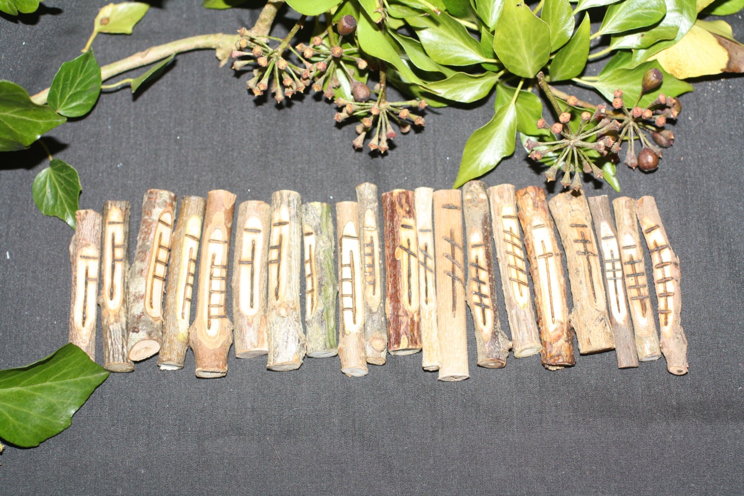 20 Celtic ogham sticks on corresponding wood with pouch and information sheet.