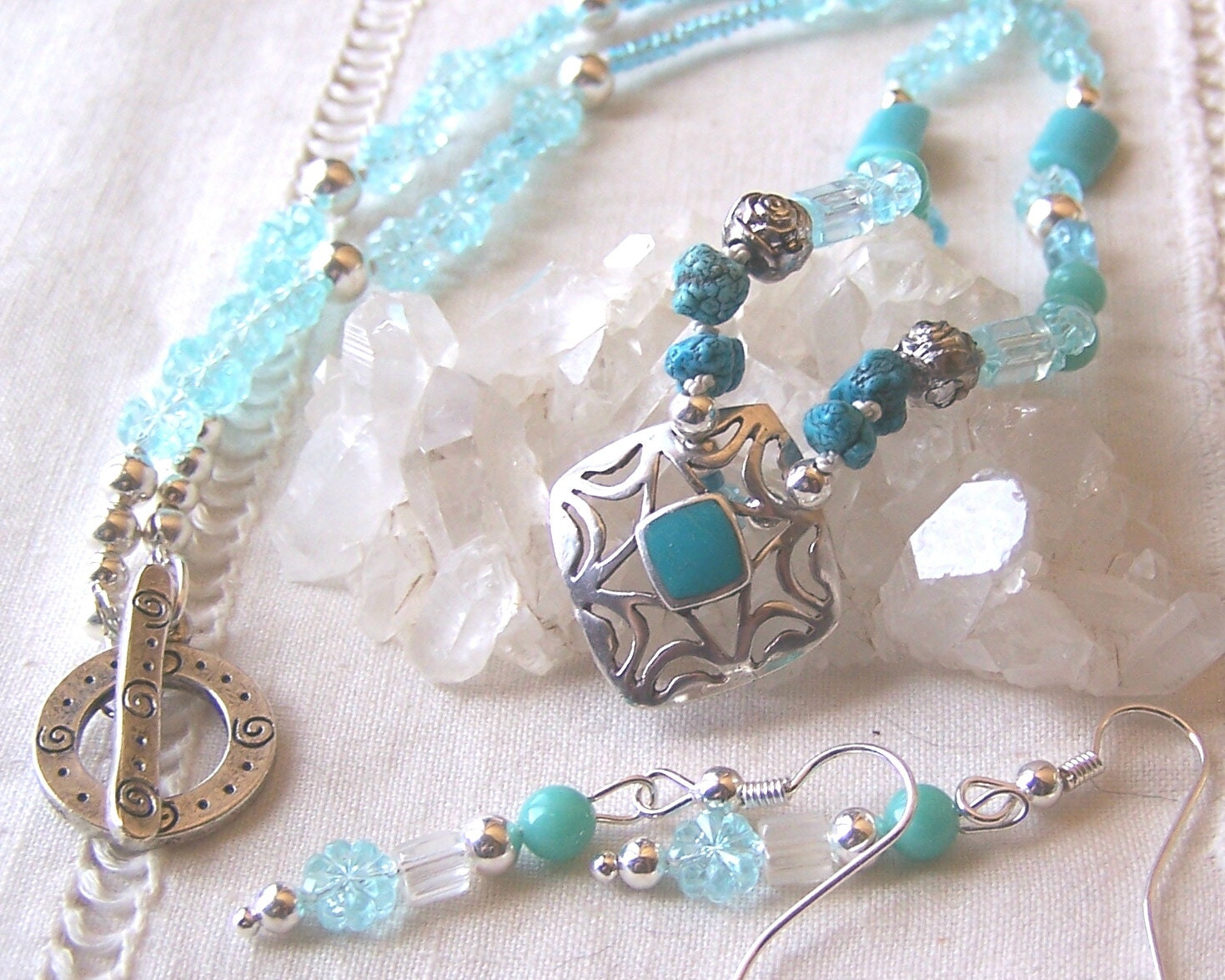 Necklace Set, Turquoise Stones, Silver, Natural Stones, Earrings