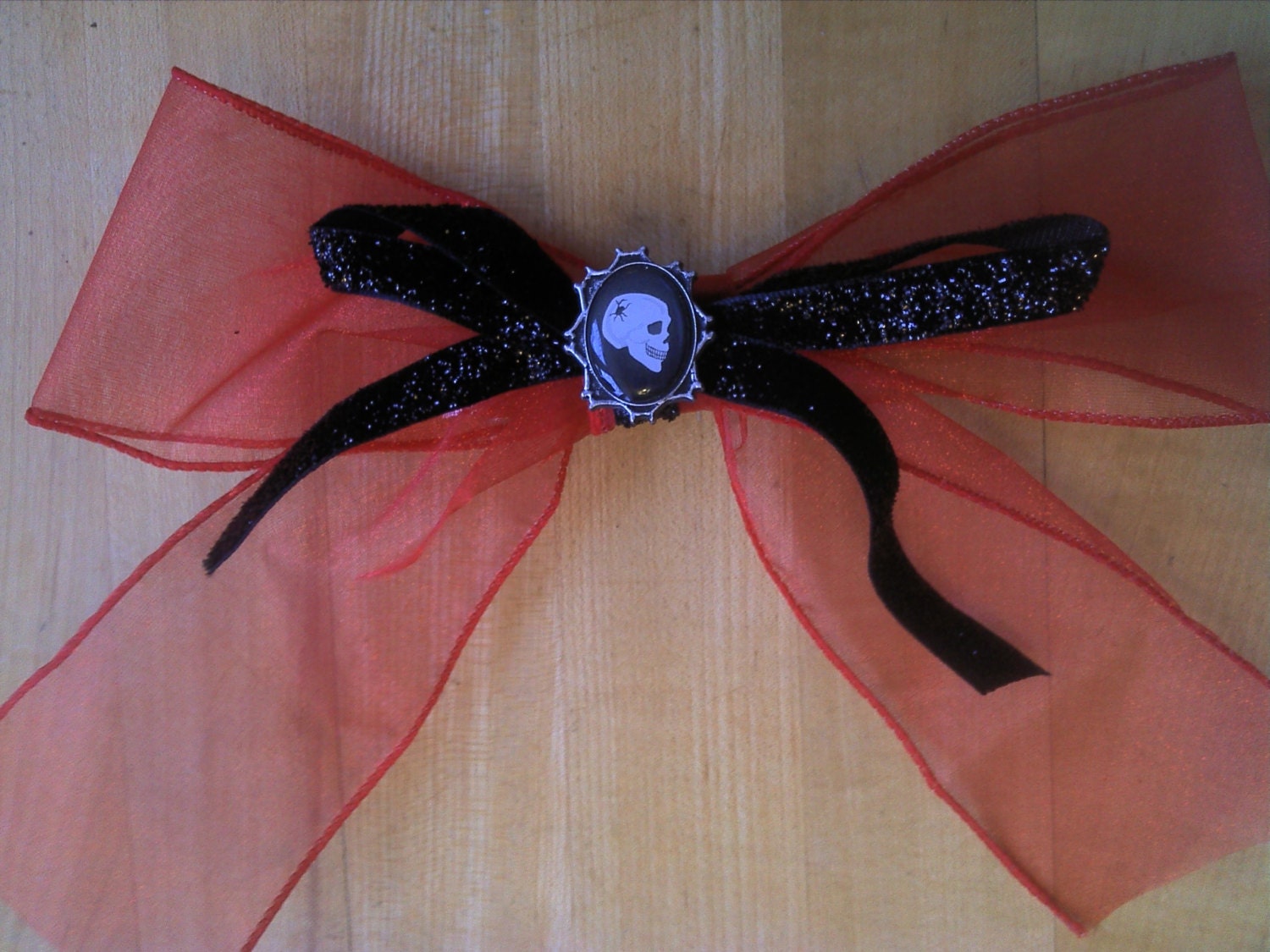 Red and Black Ribbon with Skull Cameo Barrette for LARP, Steampunk, Carnival, Day of the Dead