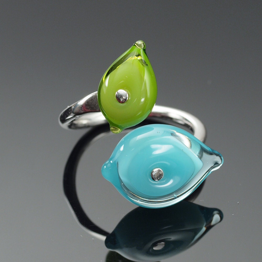 Double Glass Leaf Ring in Aqua and Green