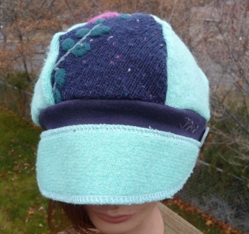 Jax Hats made from upcycled sweater with a panel of embroidered flowers - first 3 hats in the photo