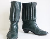 Sz 38 Vintage Hunter Green Crinkle Leather Ankle Boots