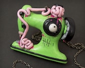 Zombie Sewing Machine Necklace in green and pink