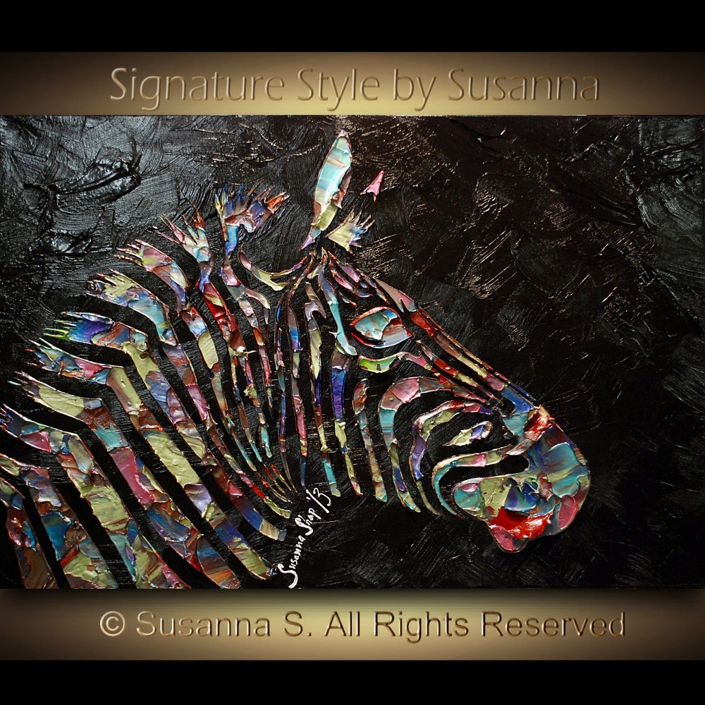 Original Zebra Painting Large abstract contemporary metallic multicolor black palette knife impasto fine art by Susanna 36x24
