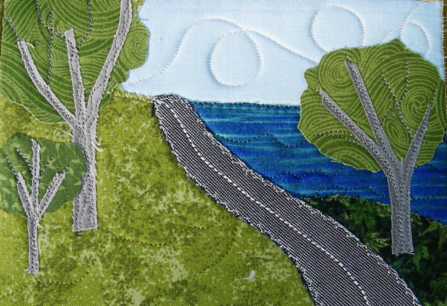 Handmade Extra Large Fabric Postcard,Quilted Greeting Card, Mountain Lake Landscape